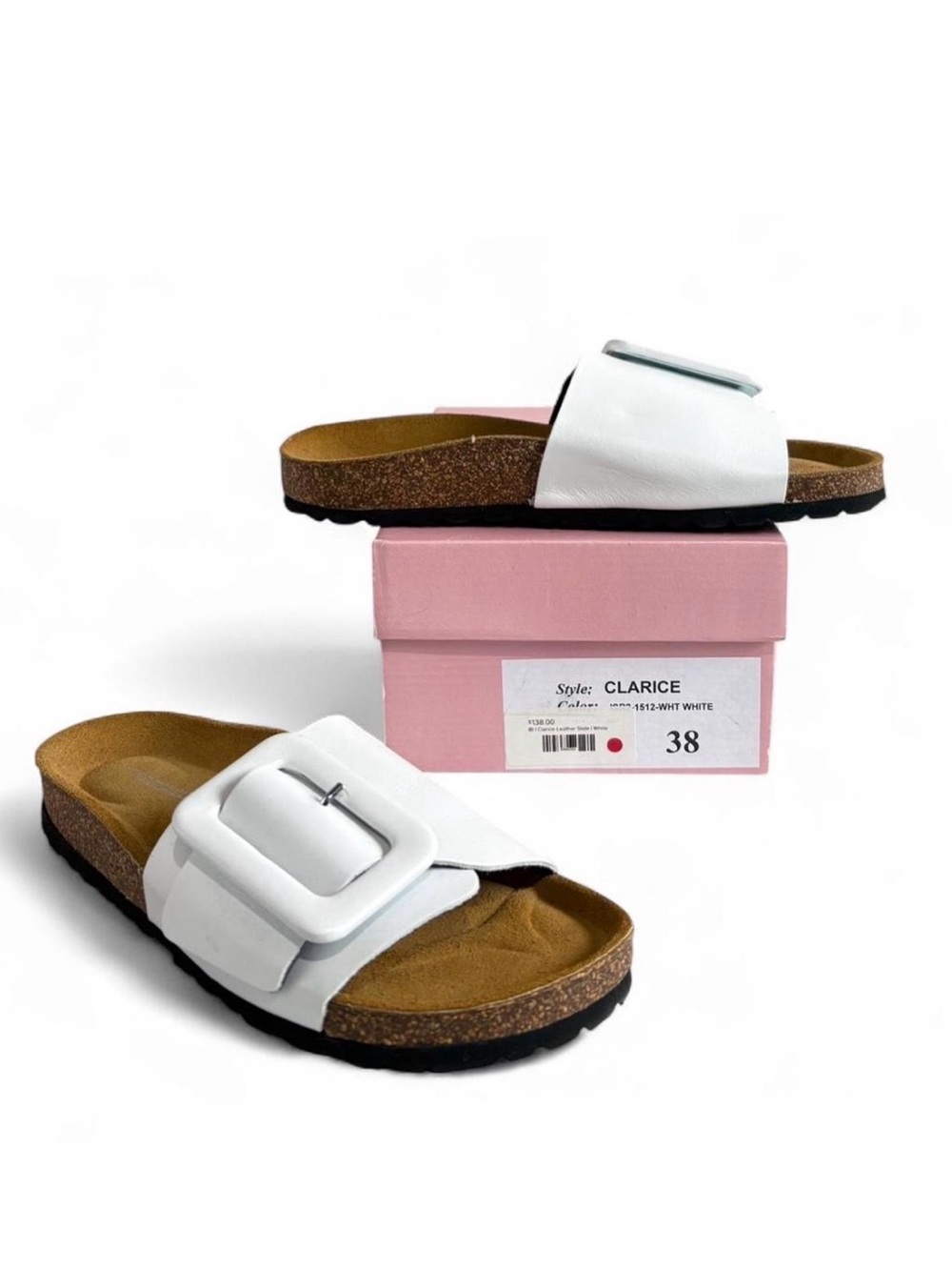 INTENTIONALLY BLANK White Clarice Buckle Slide Sandals